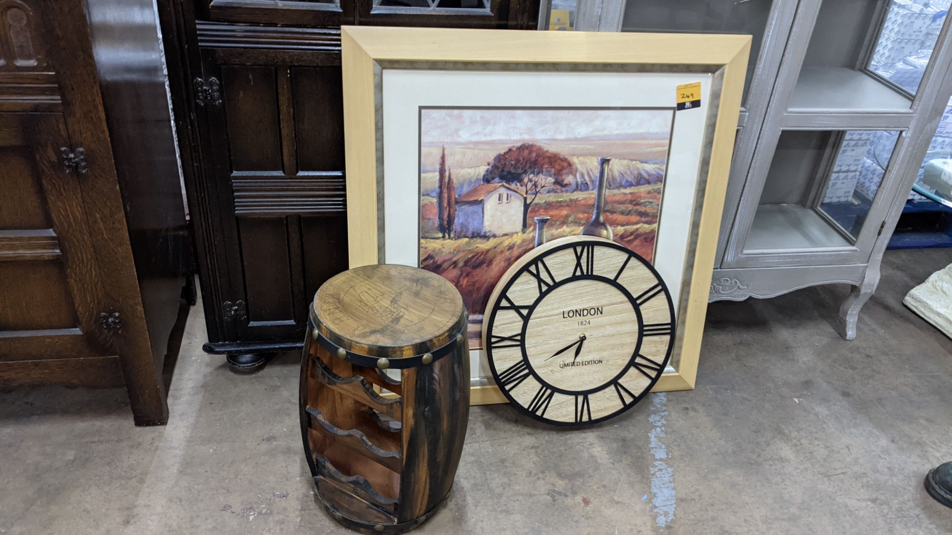 3 assorted items comprising wall clock, framed picture & mini wine barrel shaped wine bottle holder - Image 3 of 7