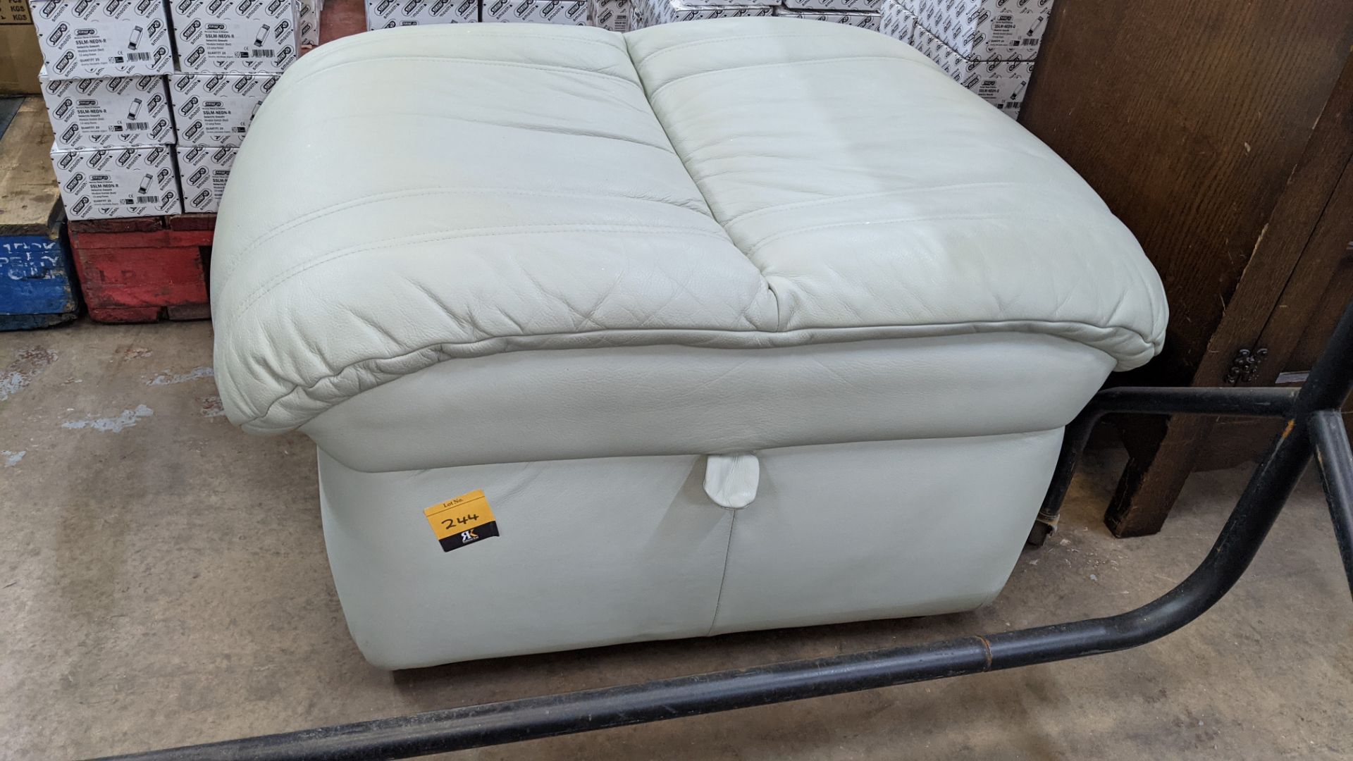 Large soft mint green leather pouffe with hinged access to large storage compartment - Image 3 of 7