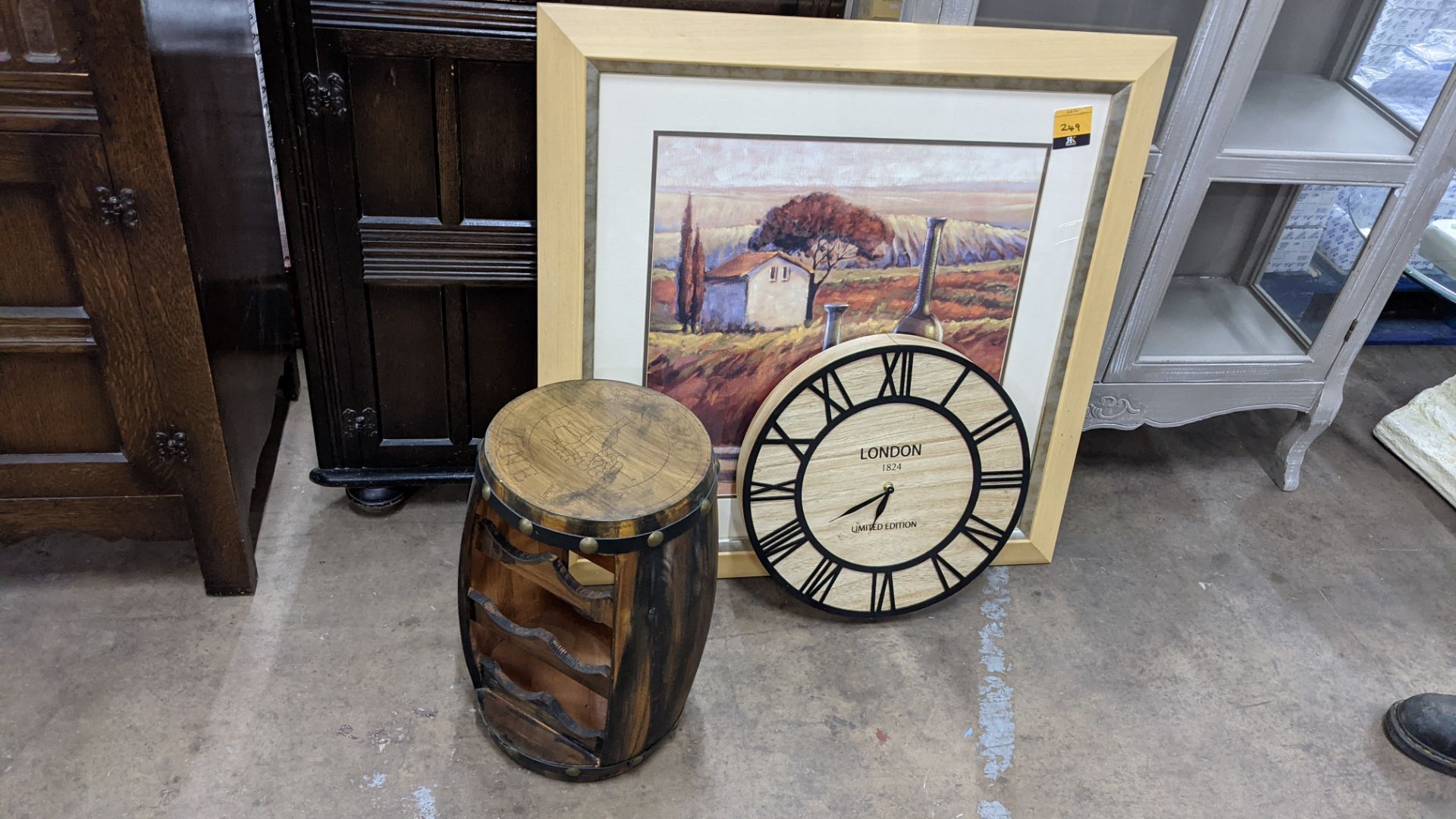 3 assorted items comprising wall clock, framed picture & mini wine barrel shaped wine bottle holder - Image 2 of 7