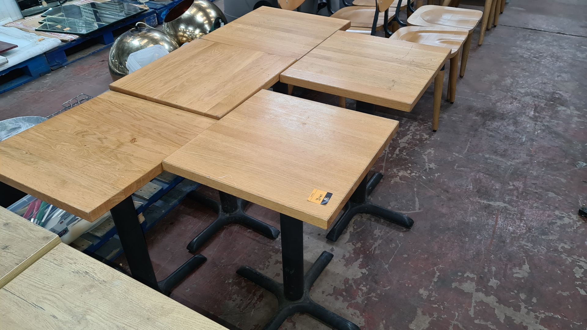 5 off matching café tables with black metal single pedestal bases & wooden tops each 510mm square - Image 2 of 4