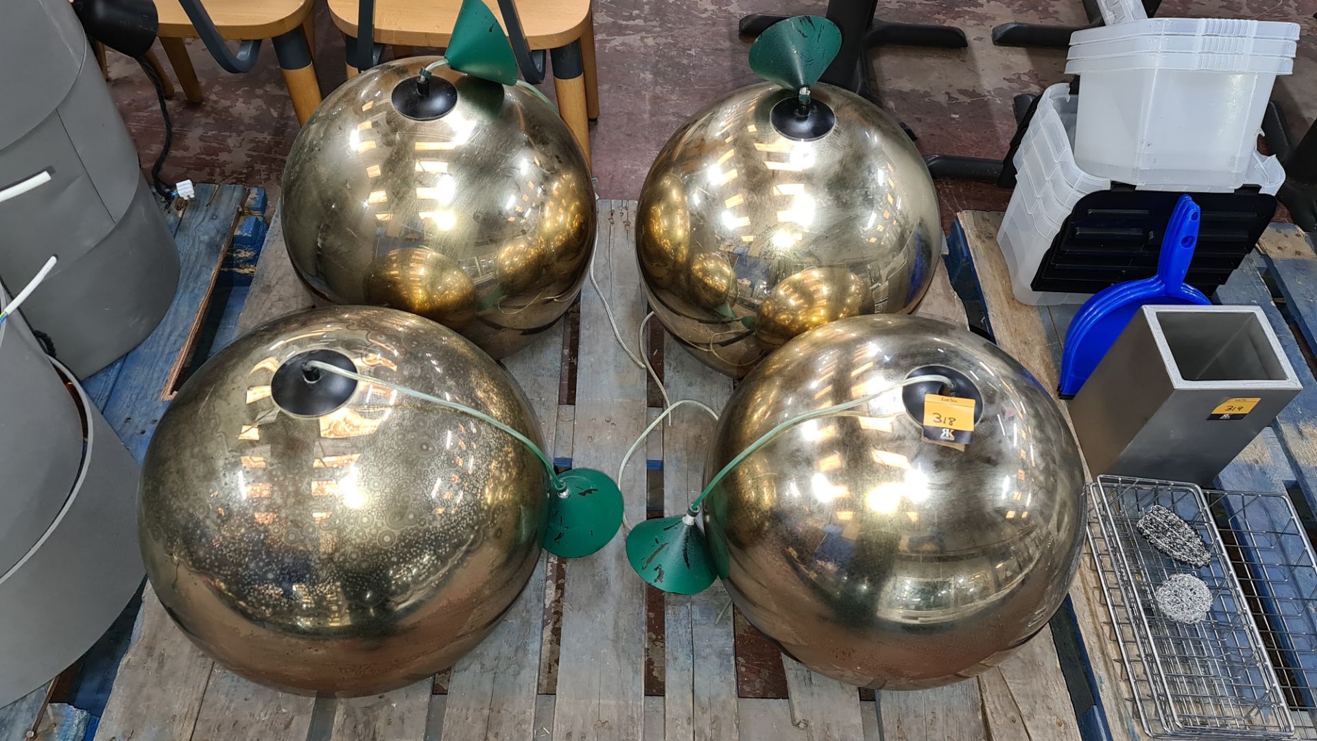 4 large gold globe suspended light fittings, each globe approximately 450mm diameter