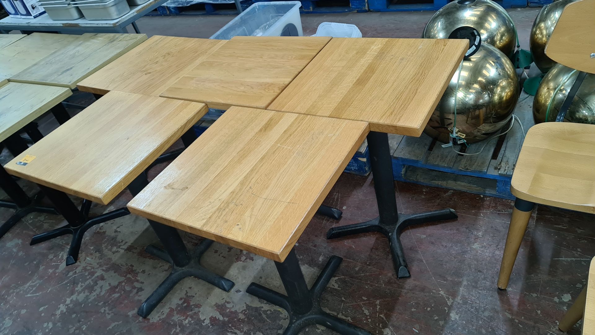 5 off matching café tables with black metal single pedestal bases & wooden tops each 510mm square - Image 3 of 4