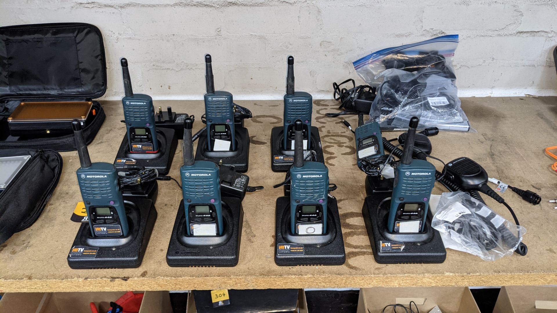 8 off Motorola walkie-talkies, model Euro 446 plus 7 base stations, 6 power packs, 2 hand-held wired
