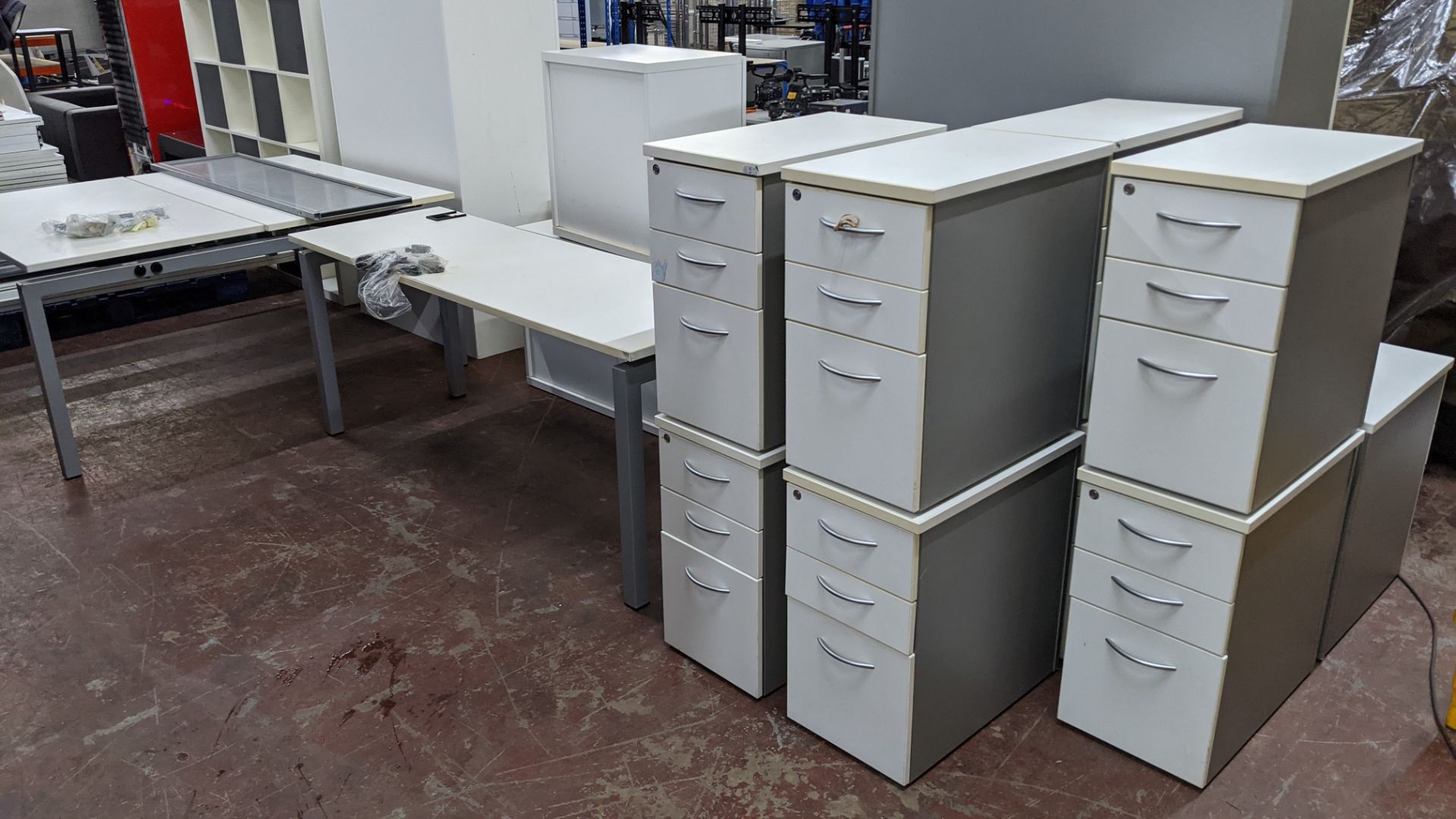 Quantity of matching office furniture comprising 2 off large 2-person desks, each with twin tops, 1