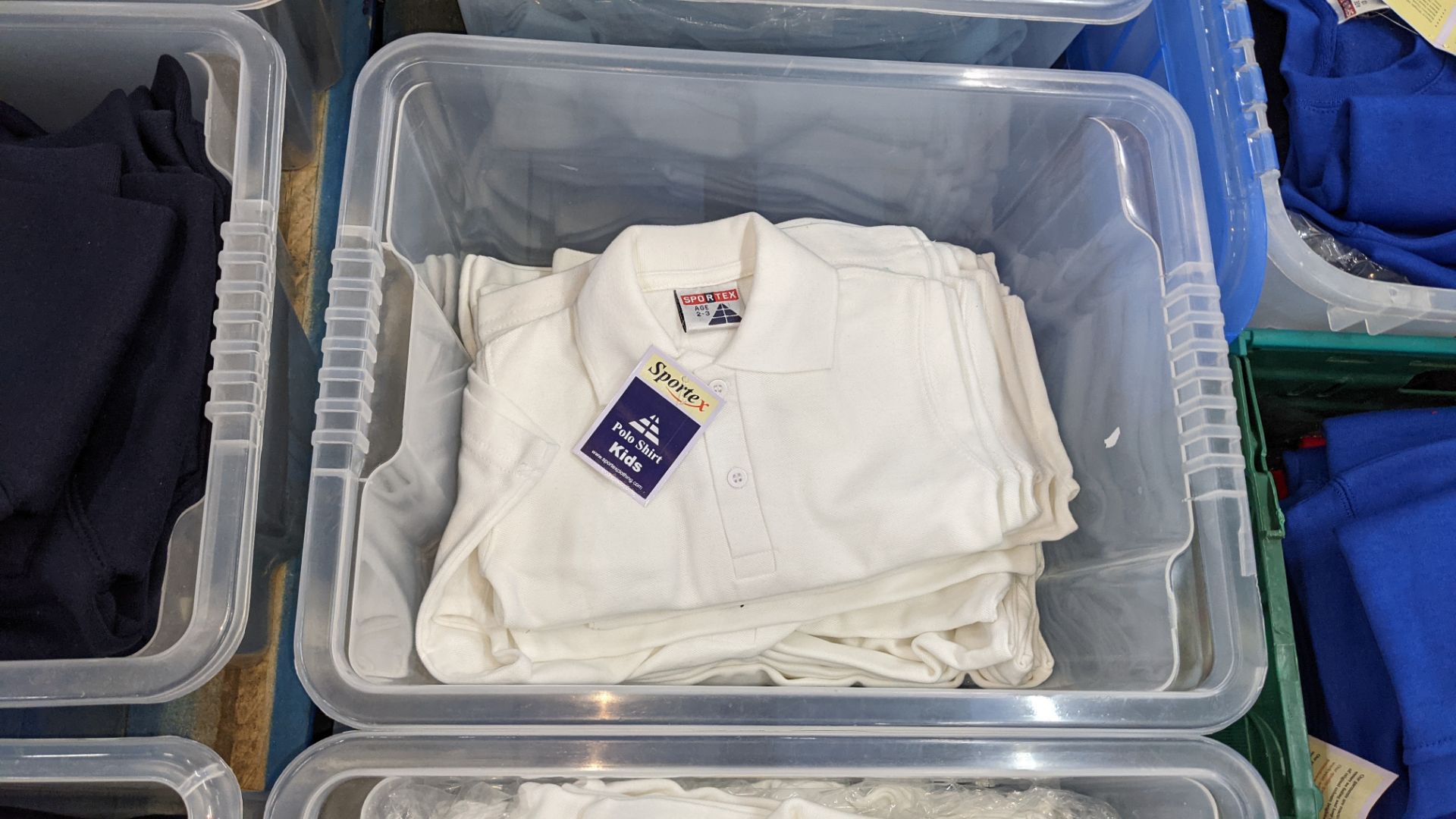 Approx 60 off Sportex children's polo shirts in white & blue - the contents of 3 crates. NB crates - Image 4 of 6