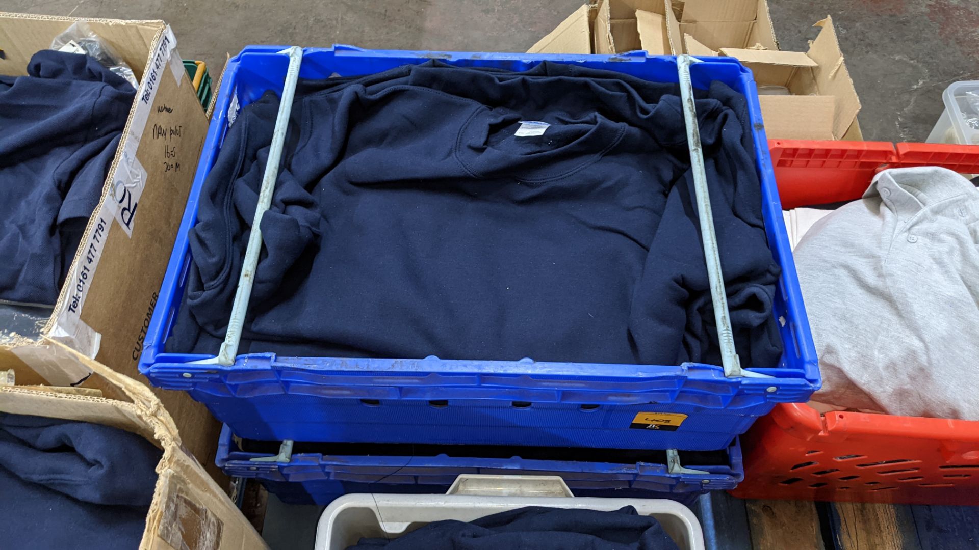 Quantity of blue sweatshirts (2 crates)