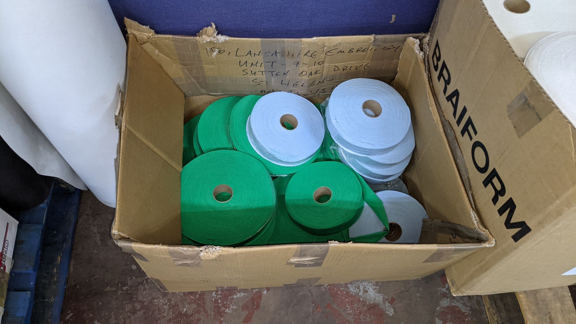 Quantity of assorted "tape" & other fabric consisting of 4 boxes & their contents of rolls of fabric - Image 7 of 8