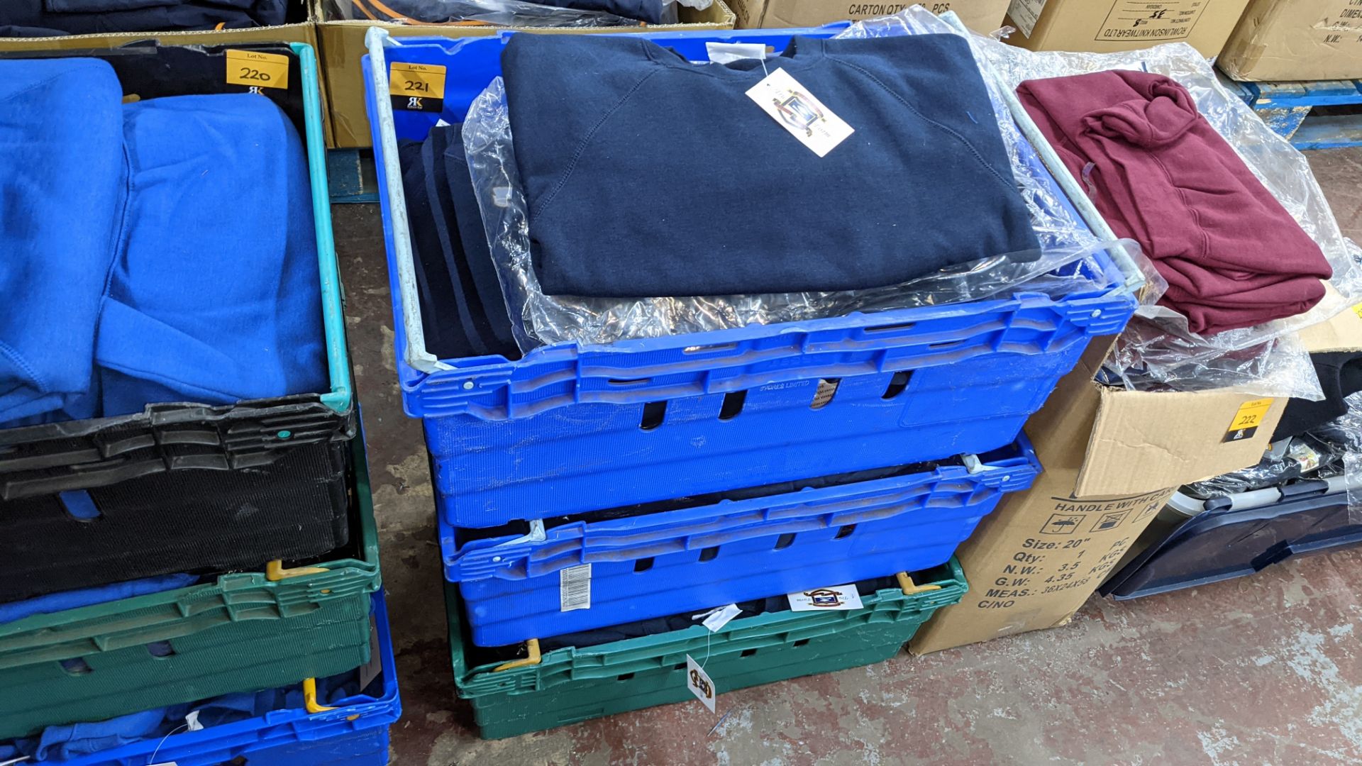 Approx 48 off children's blue sweatshirts - the contents of 3 crates. NB crates excluded