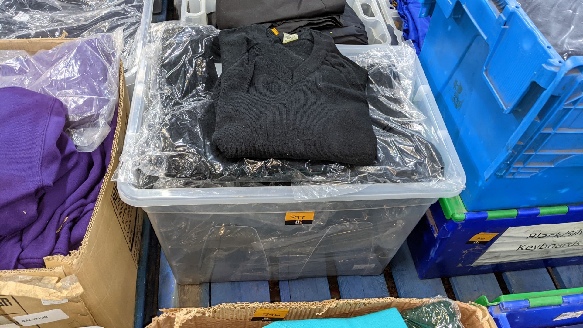 Approx 15 off children's black V neck jumpers - the contents of 1 large crate. NB crate excluded
