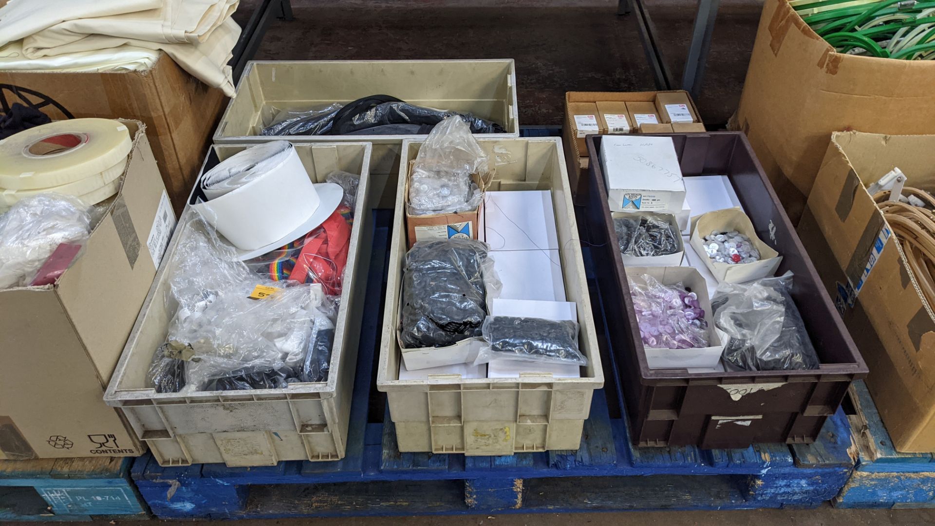 The contents of 5 boxes & crates of assorted buttons, zips & other materials