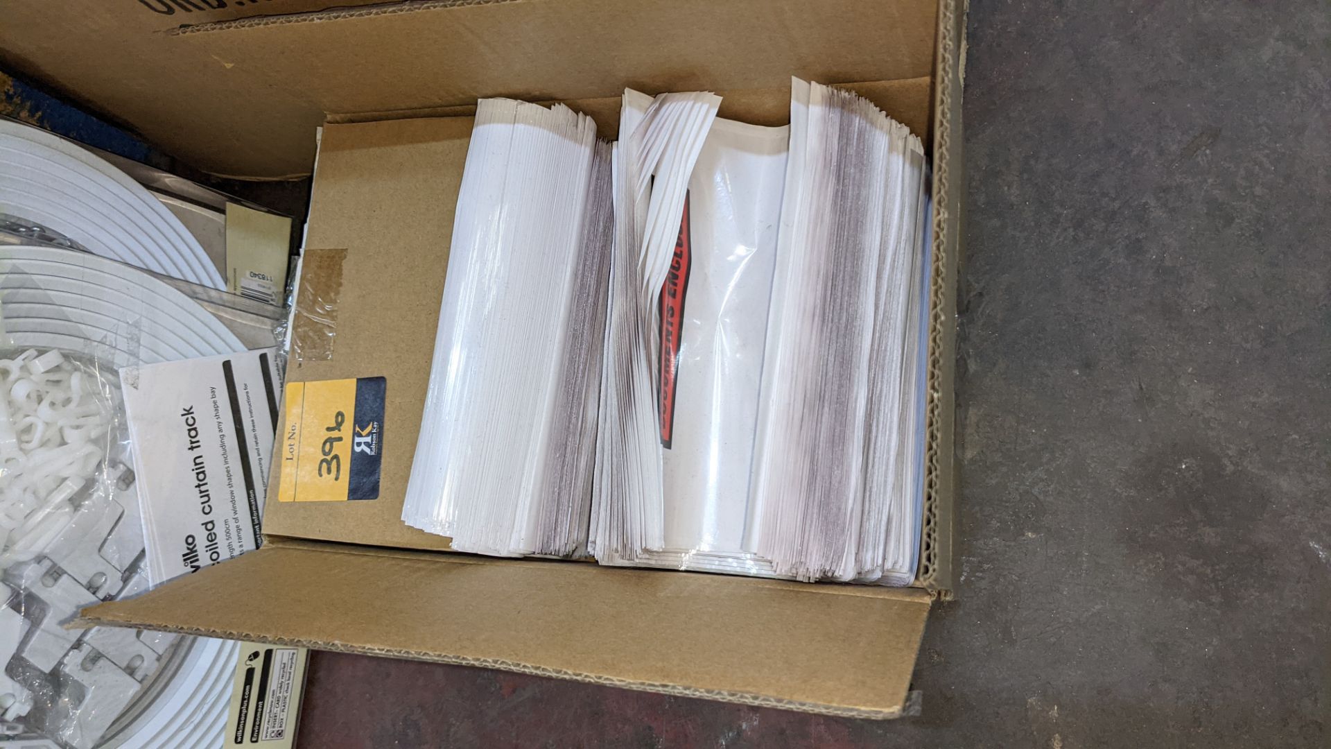 Large box of snappy bags plus small box of document labelling envelopes & 2 boxes of coiled curtain - Image 4 of 7