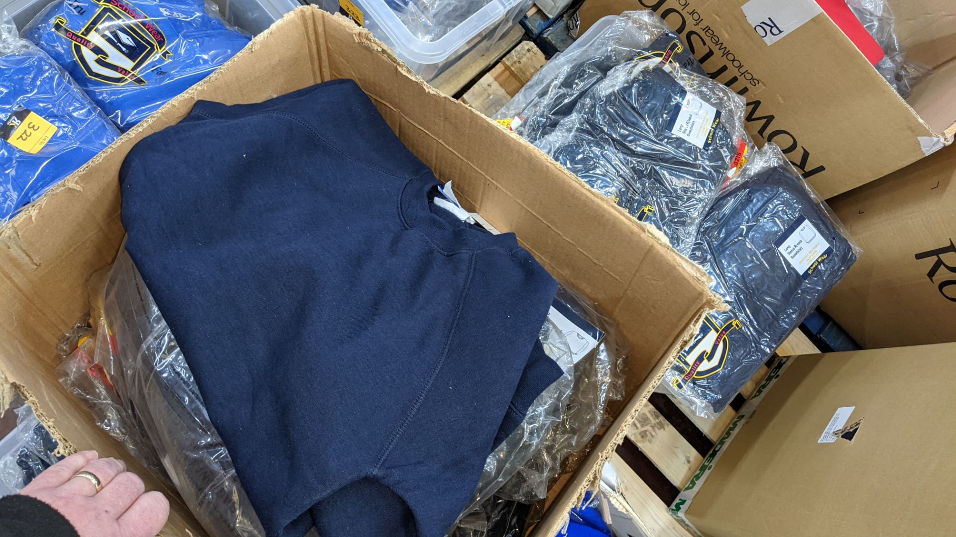 Approx 50 off navy children's sweatshirts - the contents of 1 large crate & 1 large box. NB crate e - Image 5 of 6