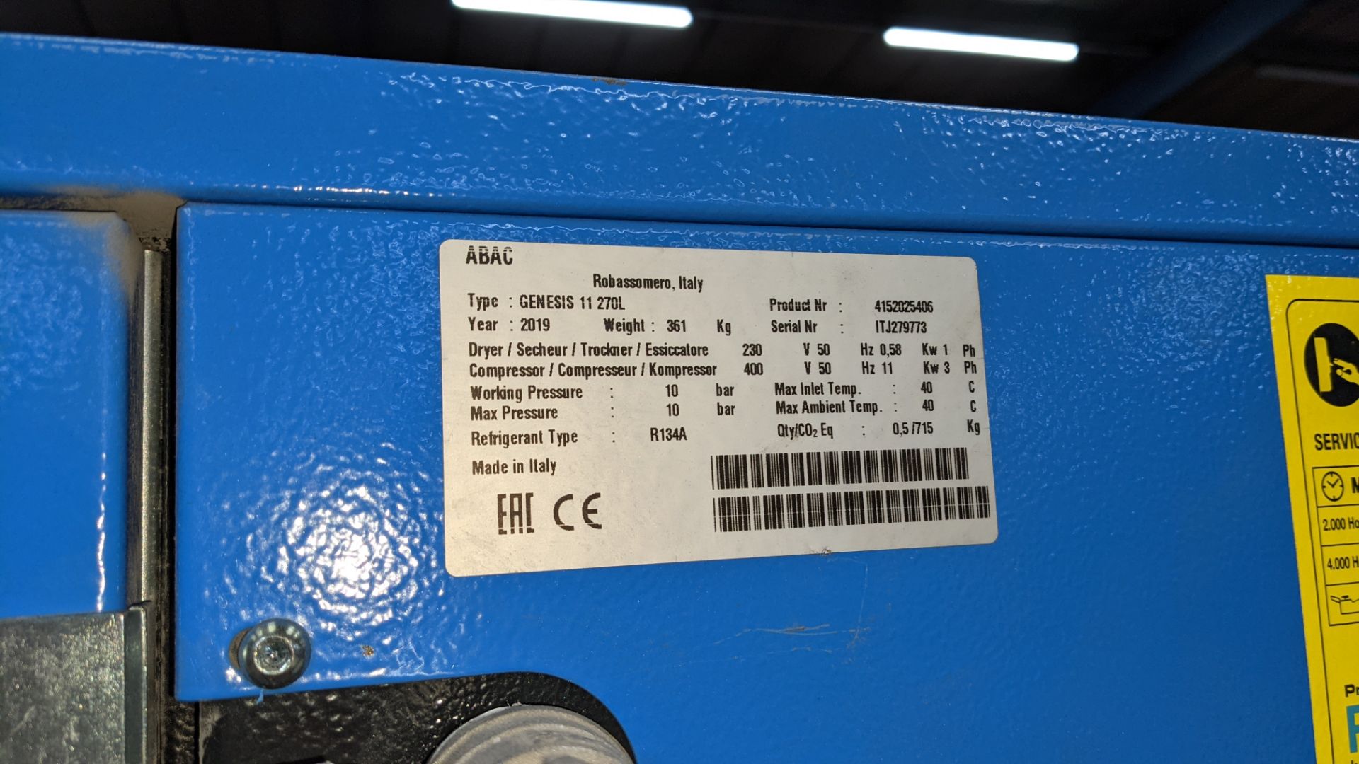 2019 ABAC Genesis 11kW 10 bar 270 litre compressor system - Image 10 of 20