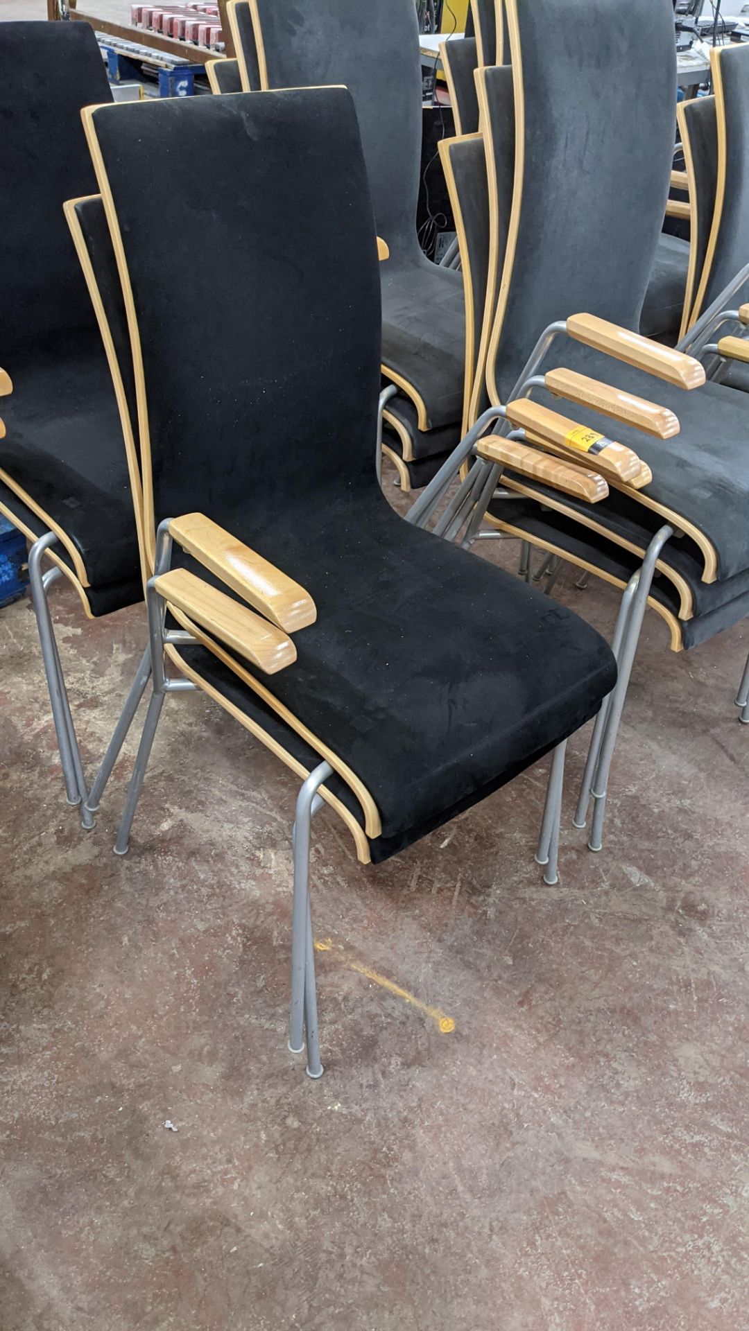 4 off matching stacking chairs in pale brown wood with black suede like upholstery & silver/grey met - Image 3 of 5