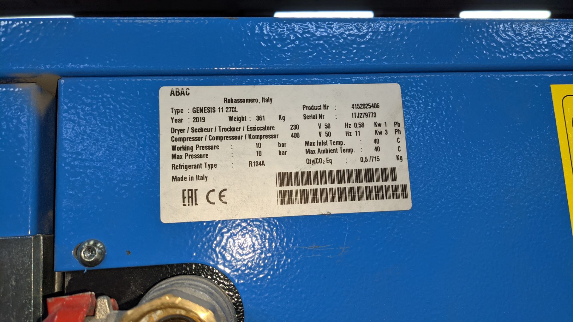 2019 ABAC Genesis 11kW 10 bar 270 litre compressor system - Image 11 of 20