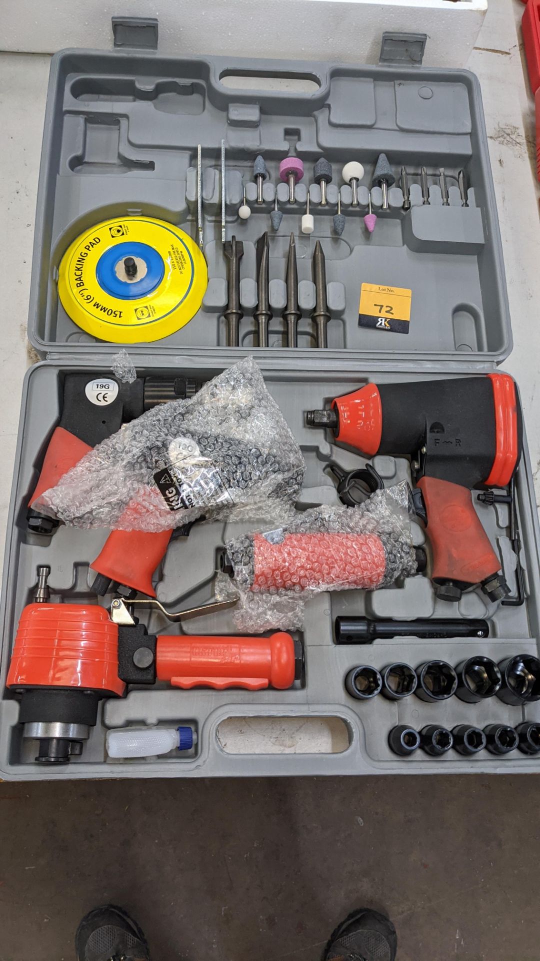 Clarke air tool set in case comprising 1/2" square drive impact wrench, air hammer, 3/8" air drill,