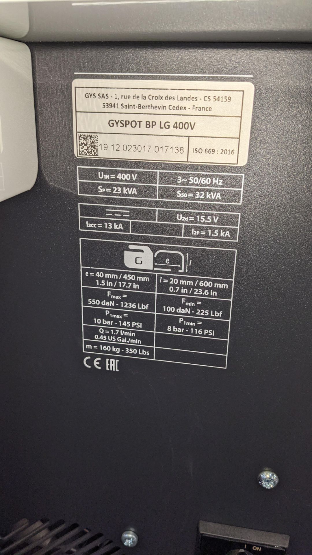 GYS GYSPOT Inverter BP LG 400V including ancillaries & additional optional equipment such as the arm - Image 12 of 37