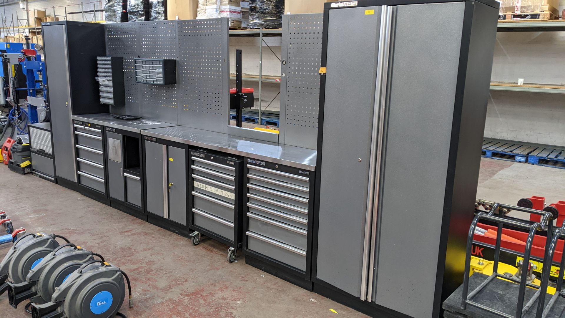 Clarke HD Plus large modular workshop tool storage system. This lot consists of tall shelved cupboa