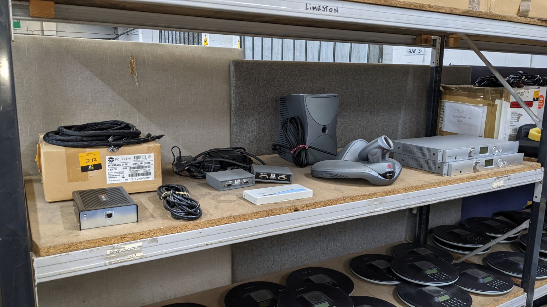 Contents of a shelf of assorted video conferencing equipment by Polycom & others, including ClearOne - Image 2 of 12