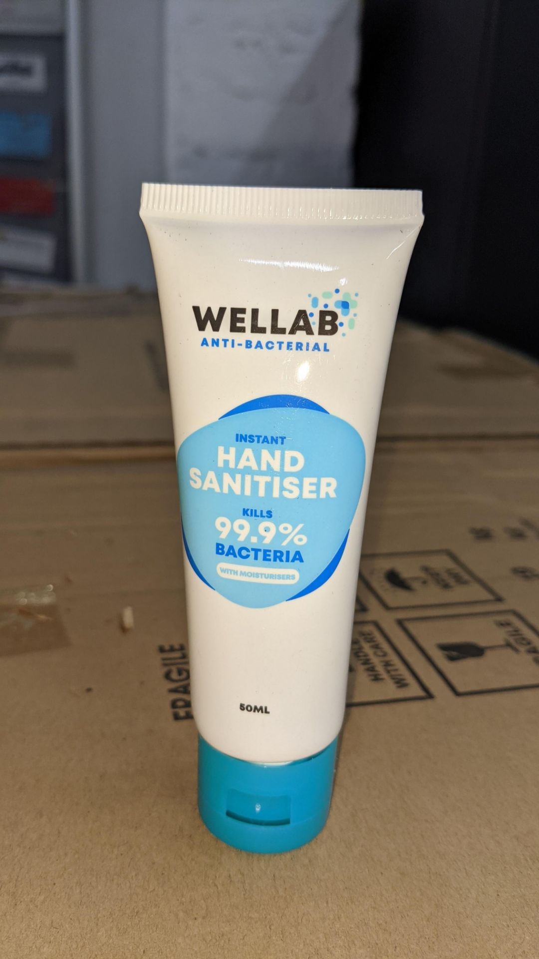 9,600 tubes of Wellab anti-bacterial alcohol based hand sanitiser. Each tube holds 50ml. 75% ethan