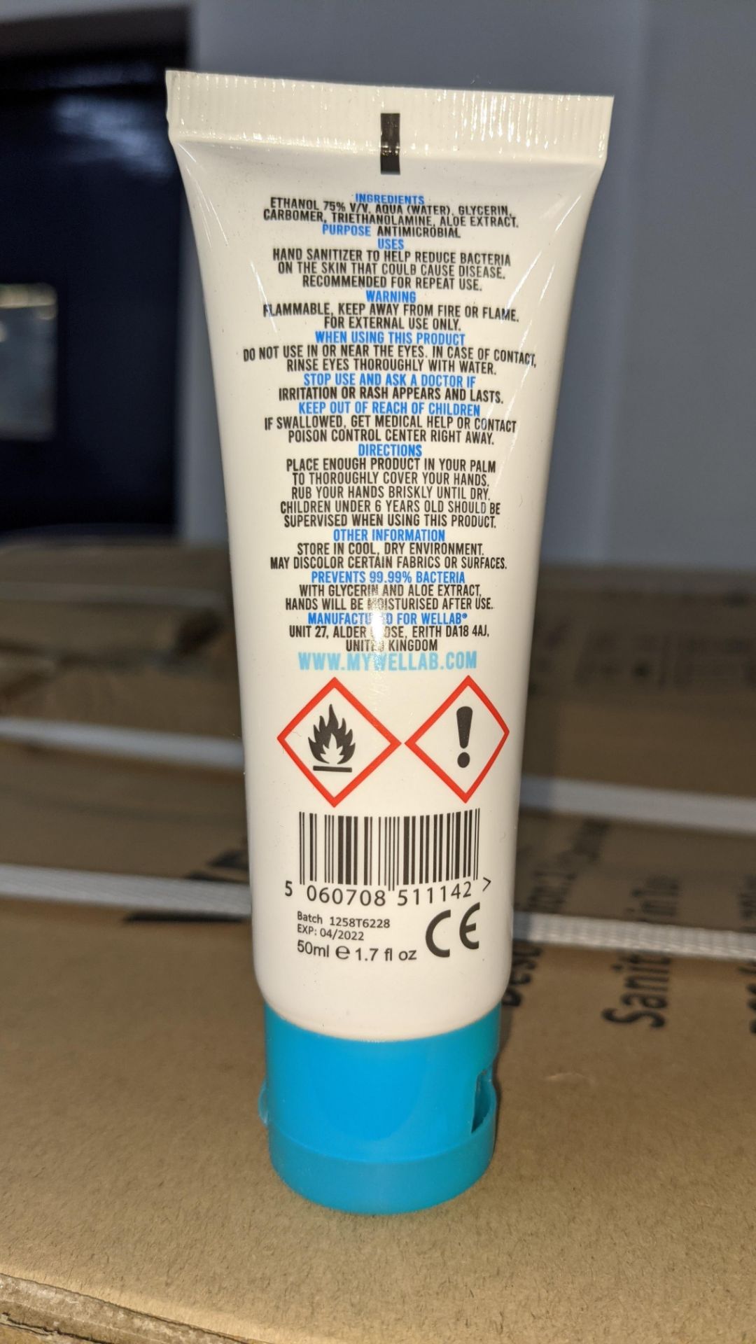 9,600 tubes of Wellab anti-bacterial alcohol based hand sanitiser. Each tube holds 50ml. 75% ethan - Image 5 of 10