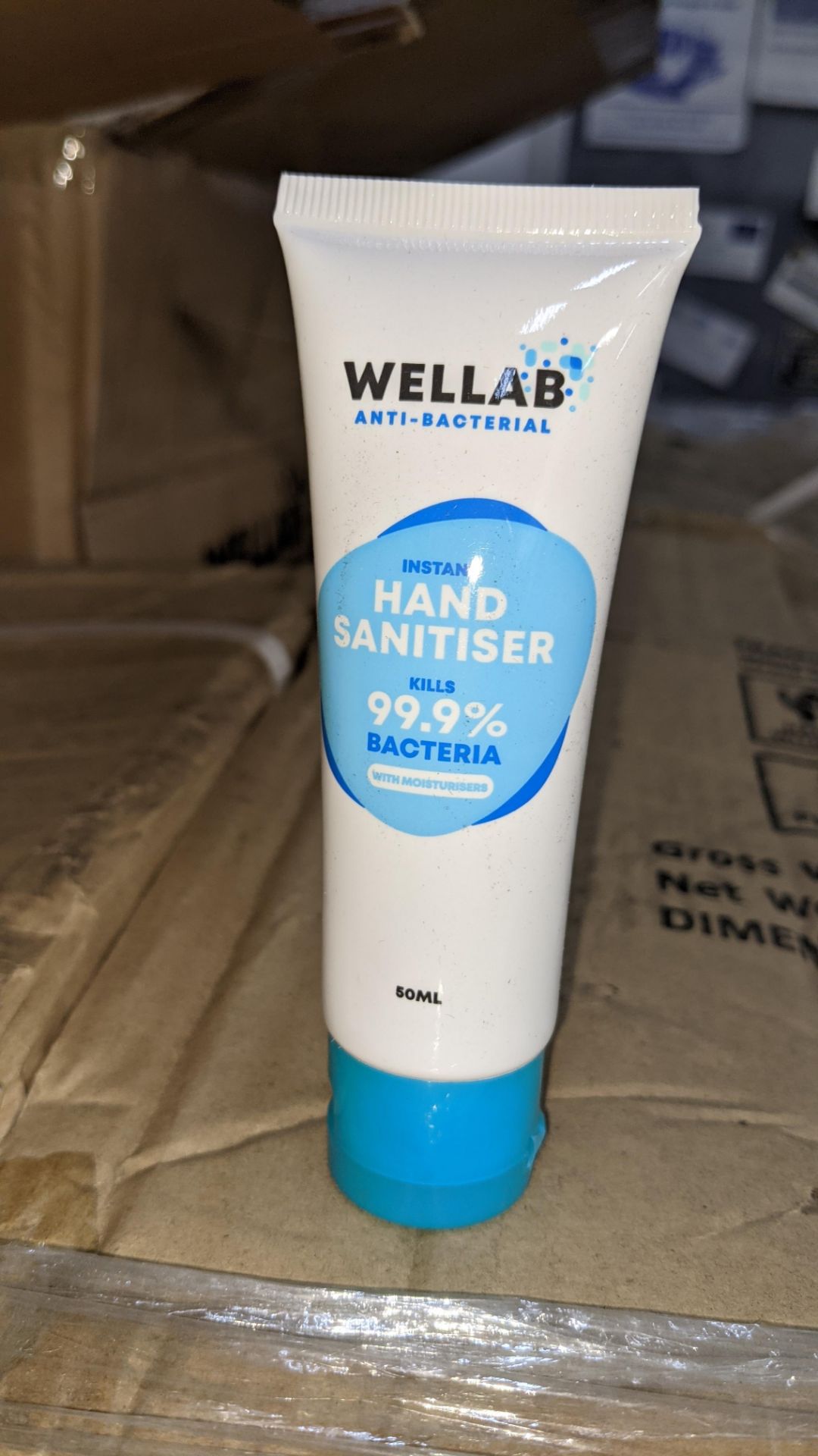 9,600 tubes of Wellab anti-bacterial alcohol based hand sanitiser. Each tube holds 50ml. 75% ethan