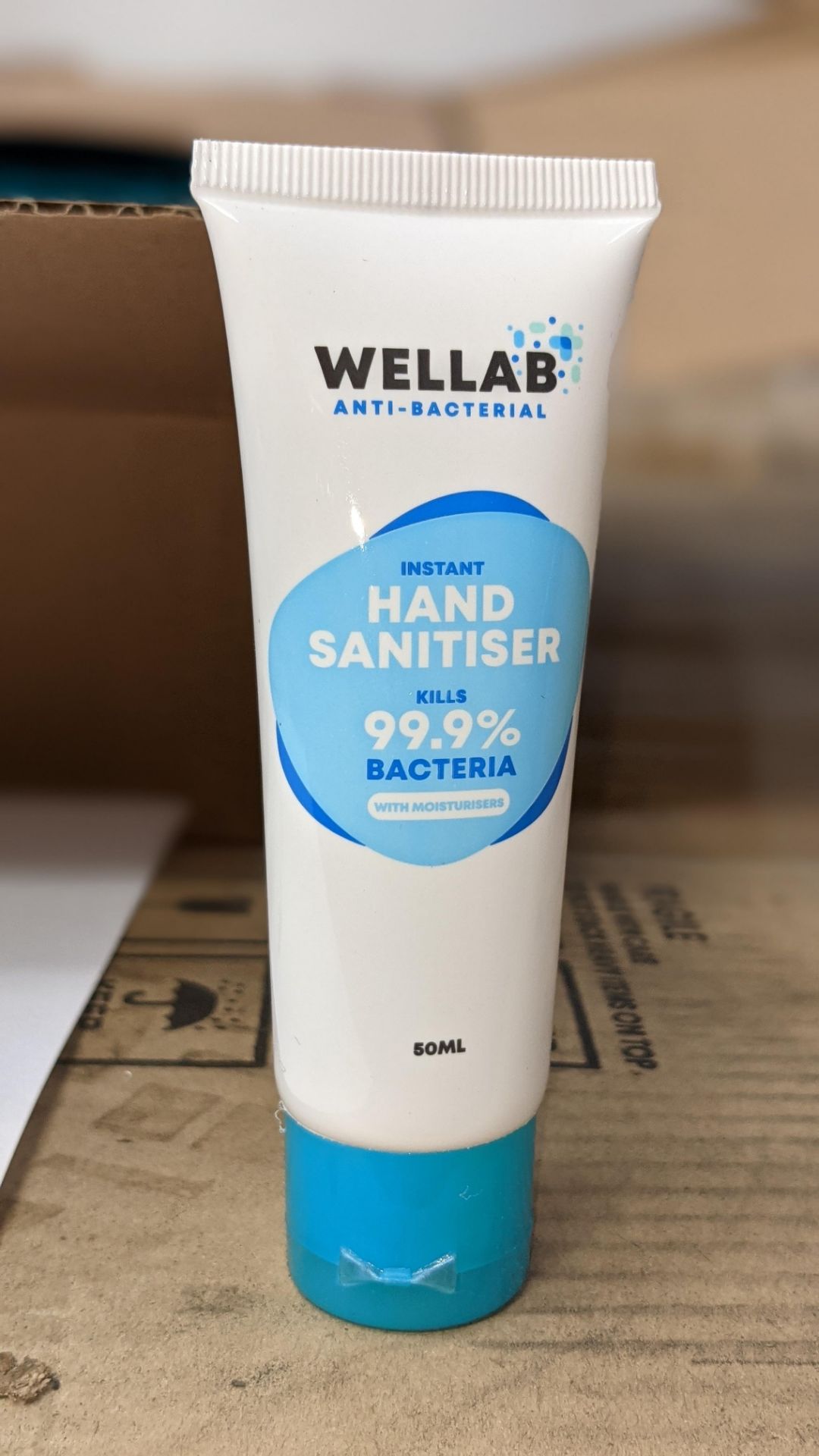 9,600 tubes of Wellab anti-bacterial alcohol based hand sanitiser. Each tube holds 50ml. 75% ethan