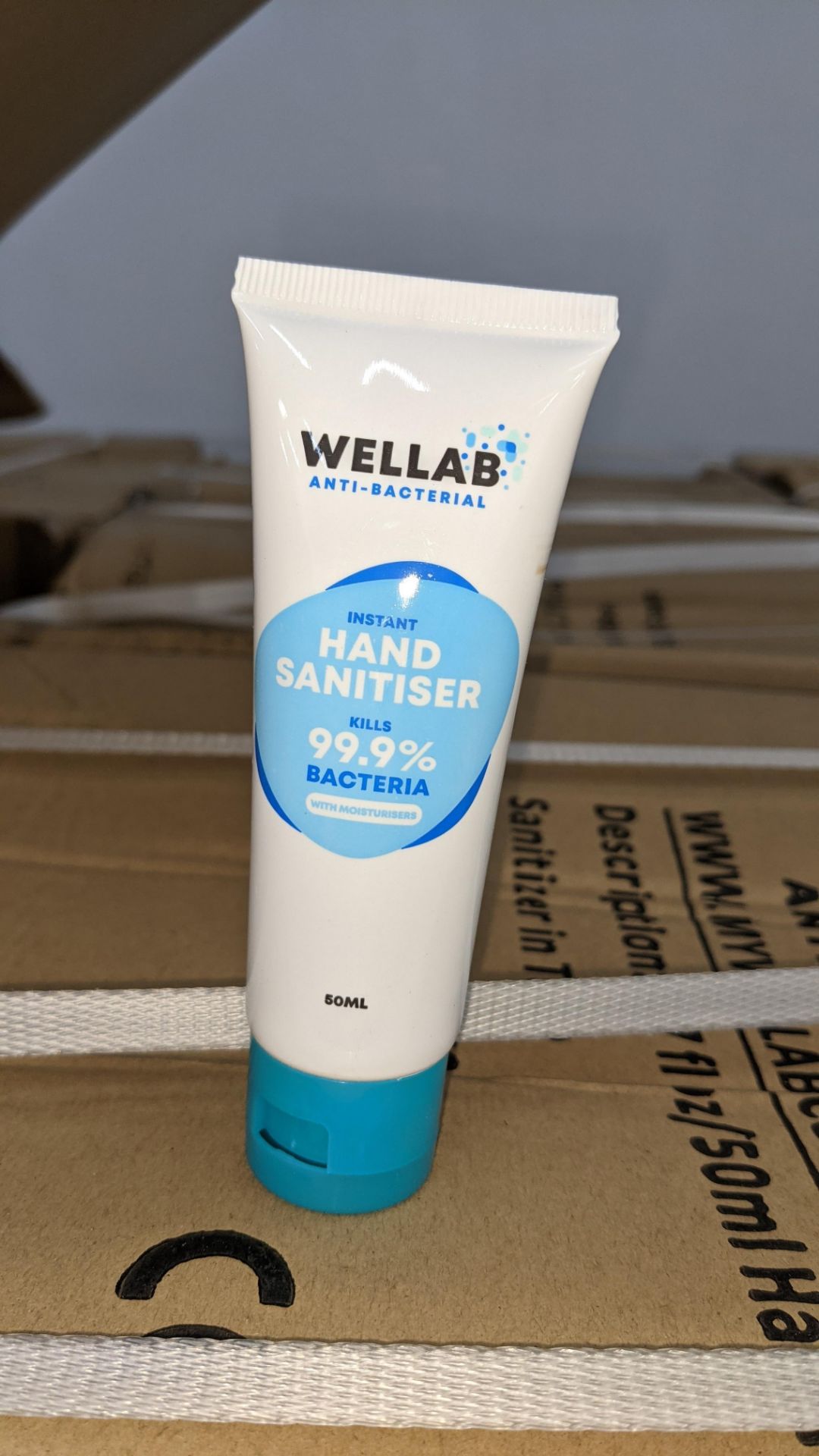 9,600 tubes of Wellab anti-bacterial alcohol based hand sanitiser. Each tube holds 50ml. 75% ethan
