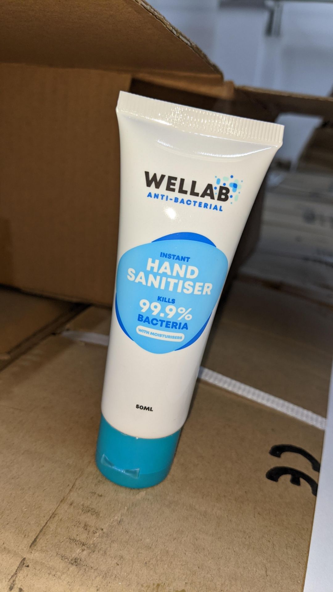 9,600 tubes of Wellab anti-bacterial alcohol based hand sanitiser. Each tube holds 50ml. 75% ethan