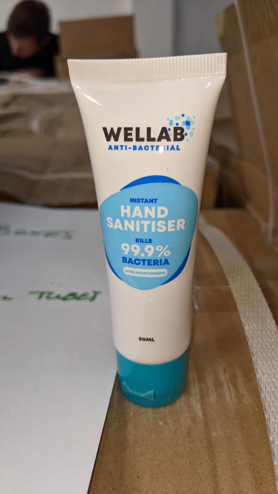 8,100 tubes of Wellab anti-bacterial alcohol based hand sanitiser. Each tube holds 50ml. 75% ethan