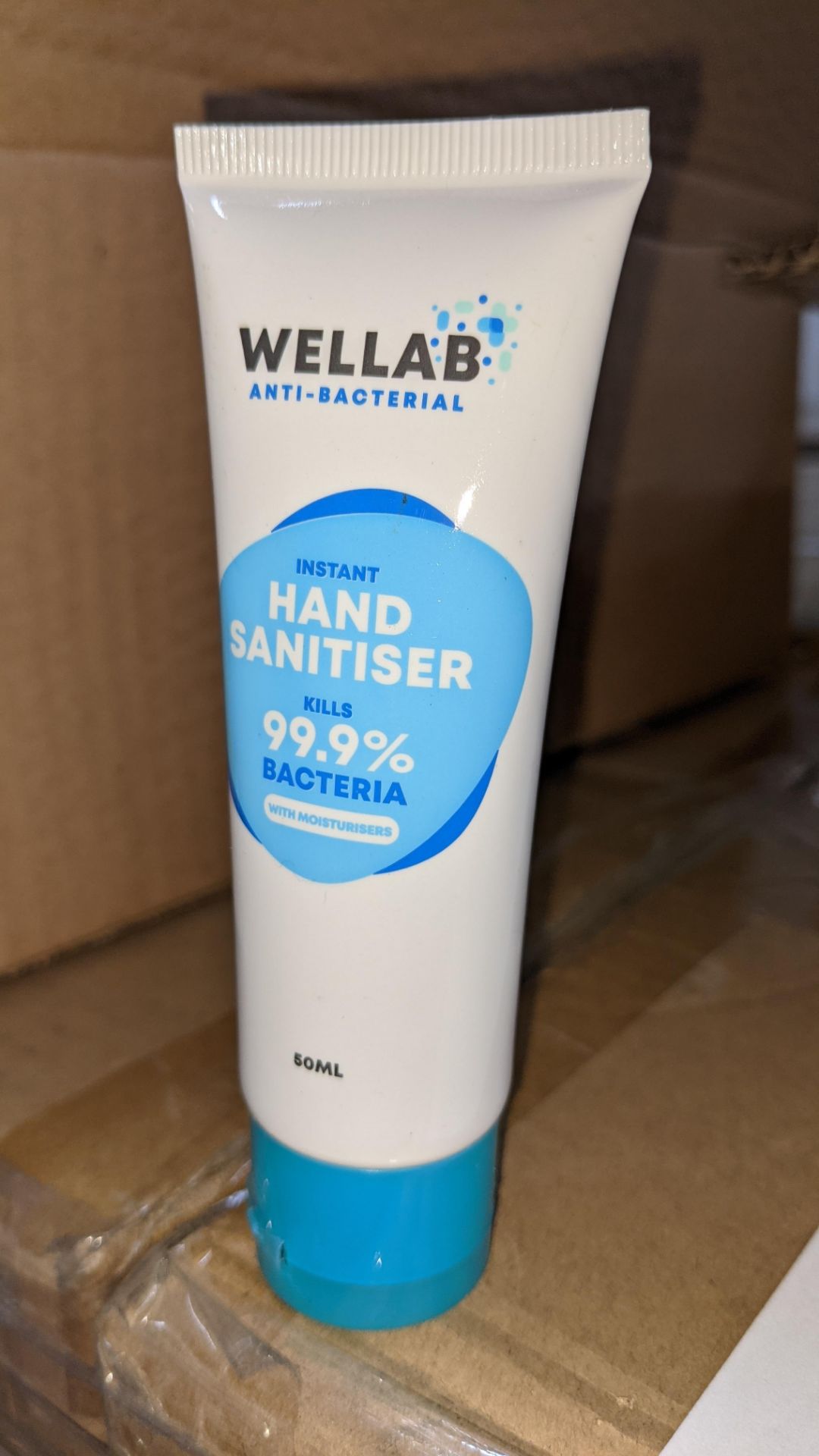 9,600 tubes of Wellab anti-bacterial alcohol based hand sanitiser. Each tube holds 50ml. 75% ethan