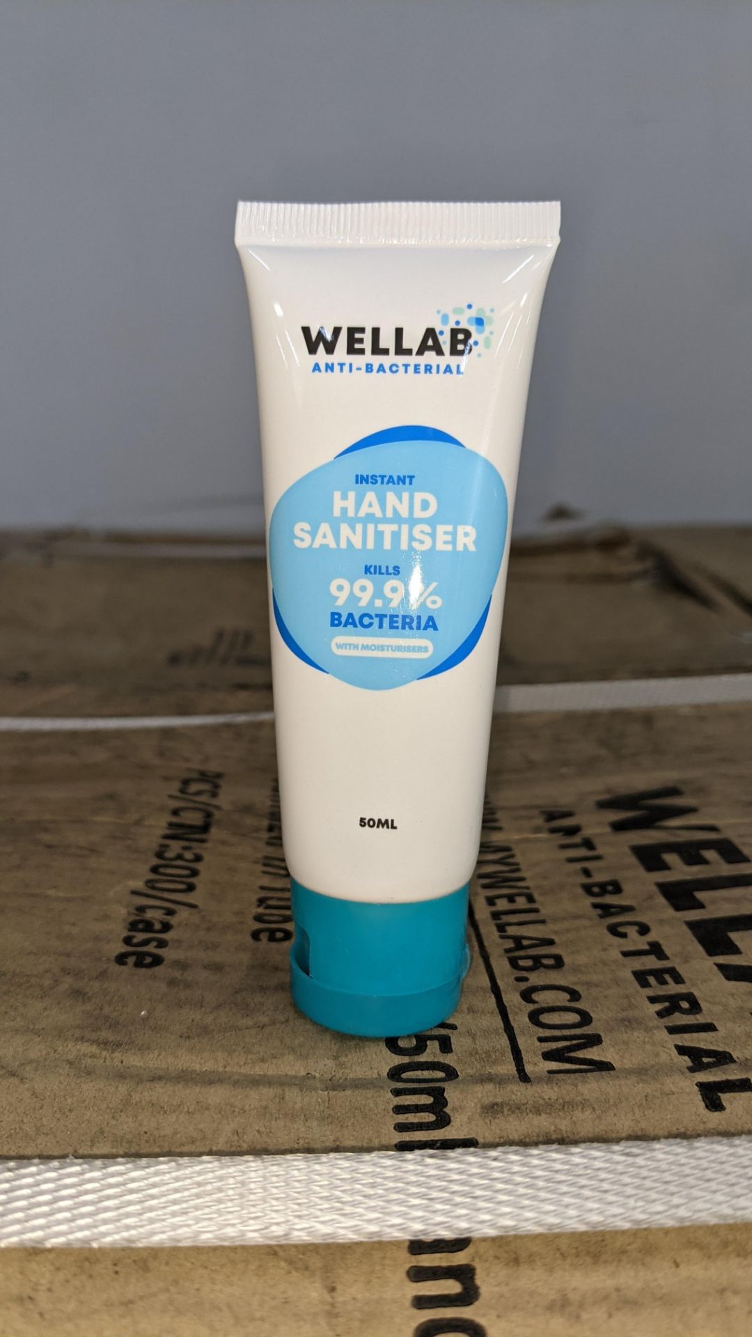 9,600 tubes of Wellab anti-bacterial alcohol based hand sanitiser. Each tube holds 50ml. 75% ethan