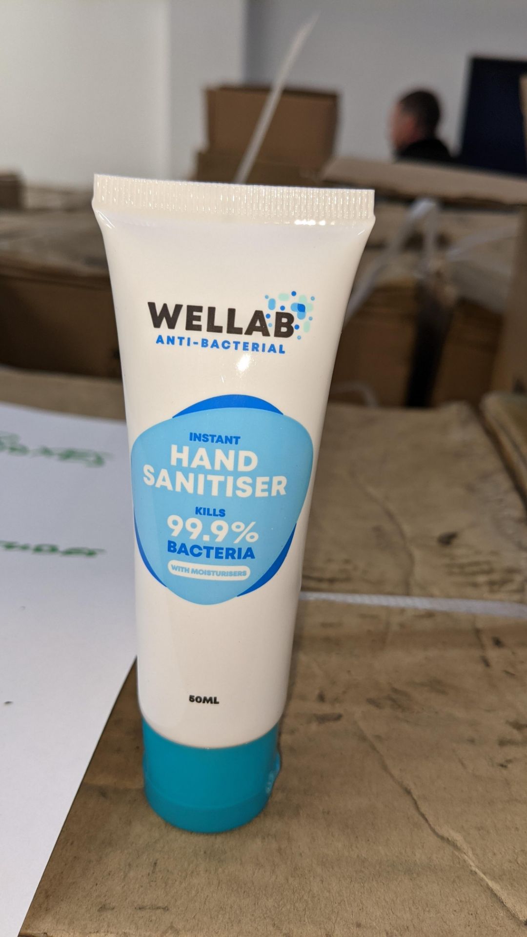 9,300 tubes of Wellab anti-bacterial alcohol based hand sanitiser. Each tube holds 50ml. 75% ethan