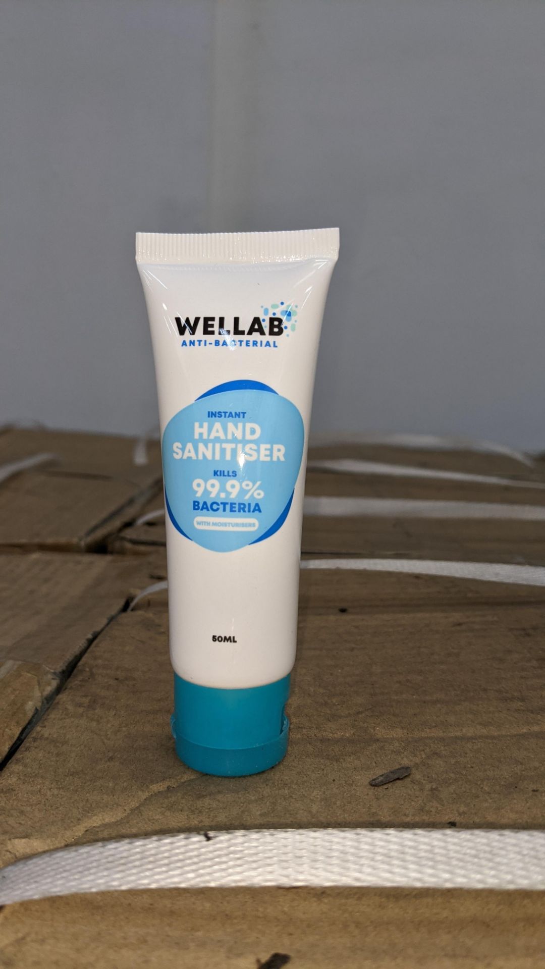 8,100 tubes of Wellab anti-bacterial alcohol based hand sanitiser. Each tube holds 50ml. 75% ethan