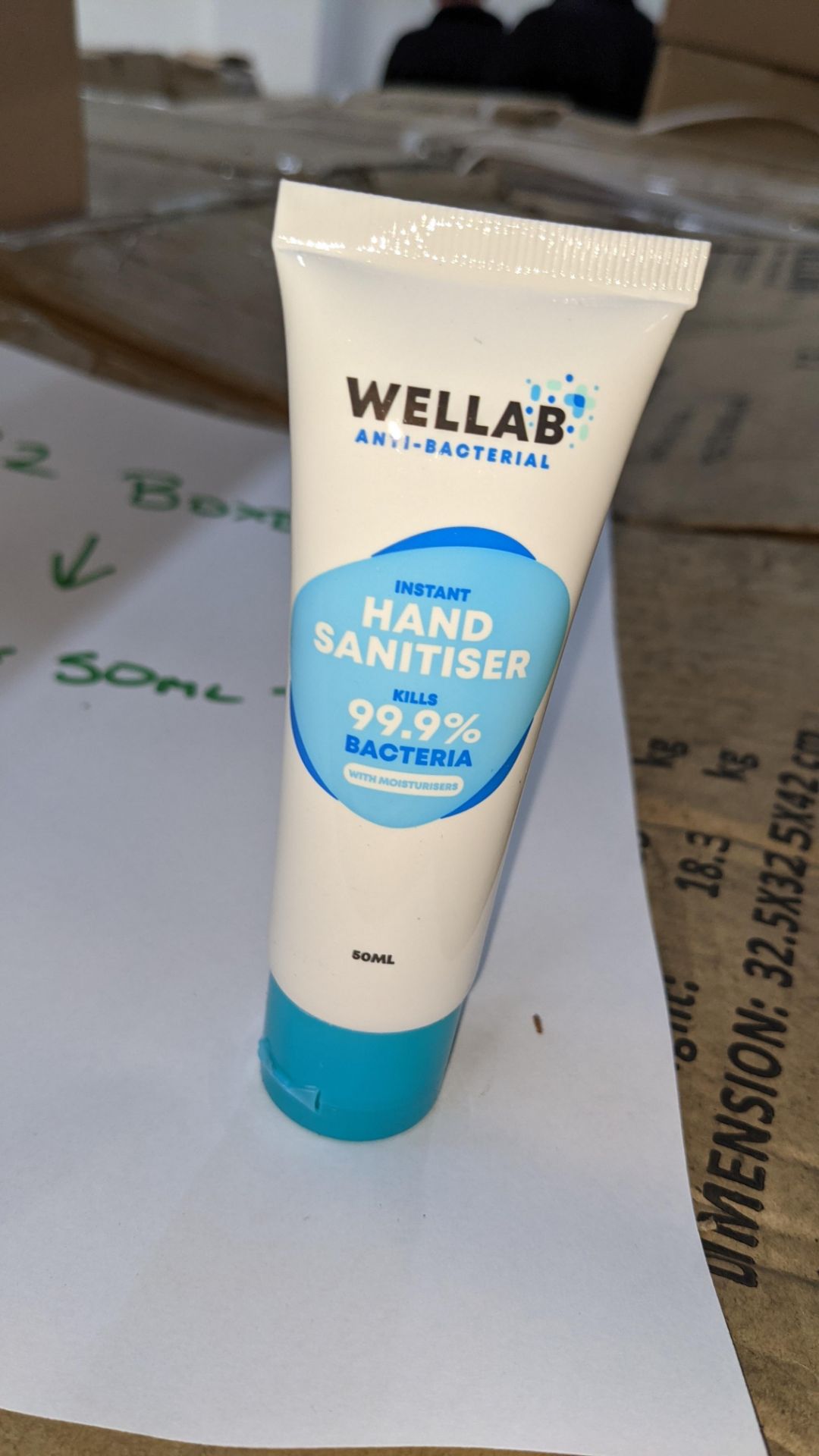 9,600 tubes of Wellab anti-bacterial alcohol based hand sanitiser. Each tube holds 50ml. 75% ethan