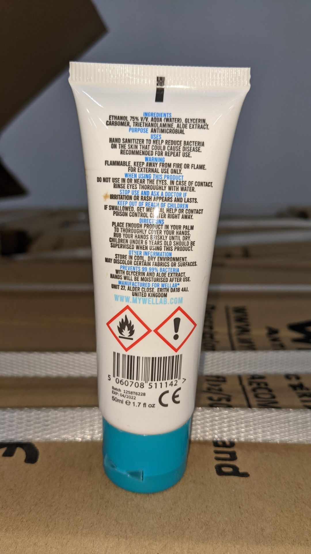 9,600 tubes of Wellab anti-bacterial alcohol based hand sanitiser. Each tube holds 50ml. 75% ethan - Image 3 of 9