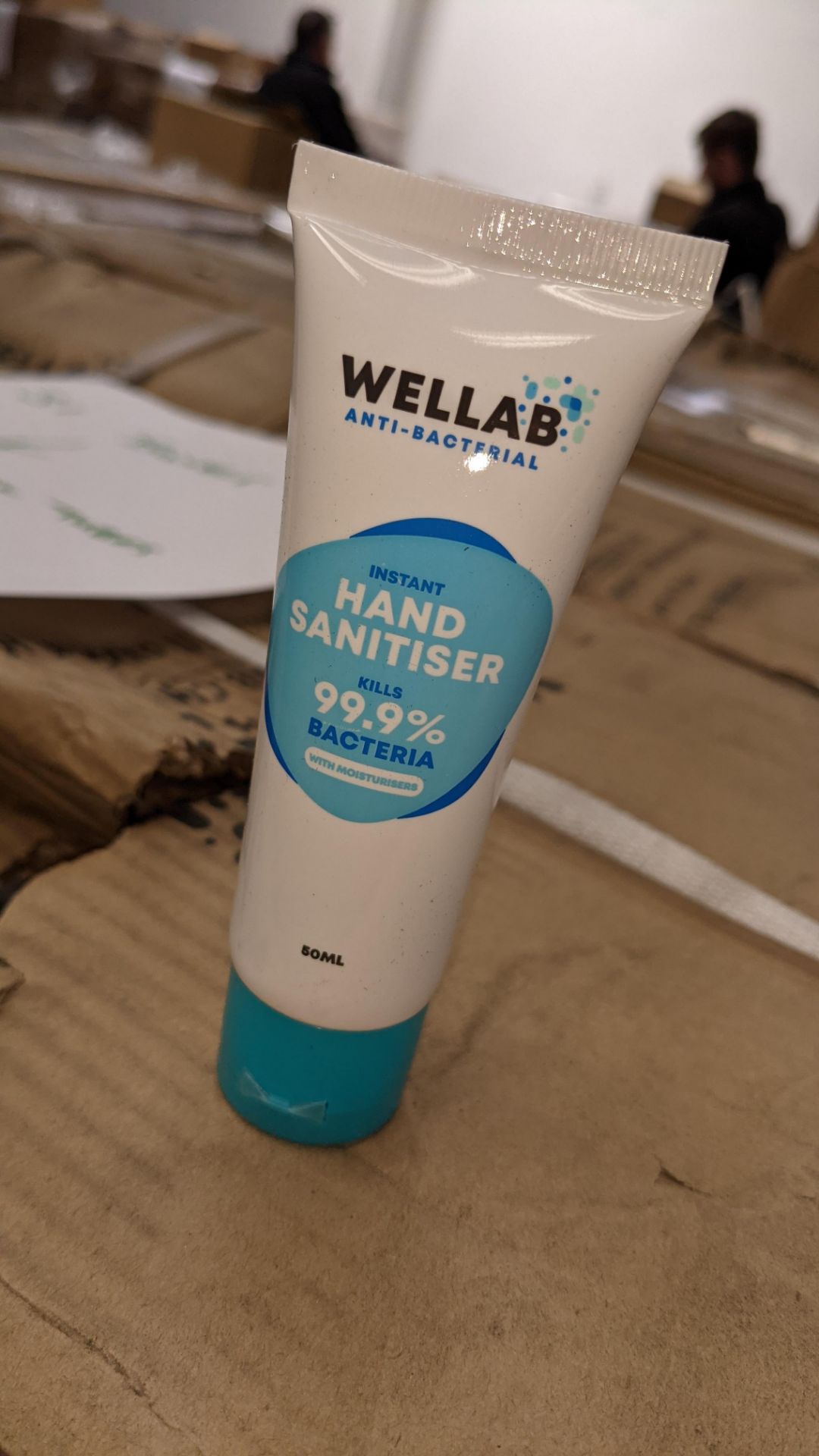 9,600 tubes of Wellab anti-bacterial alcohol based hand sanitiser. Each tube holds 50ml. 75% ethan