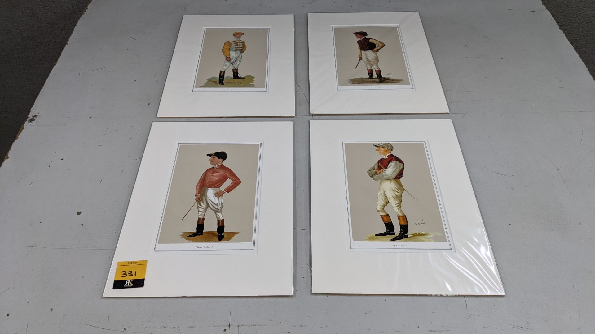 4 off horse jockey prints, each measuring approx. 300mm x 400mm including cardboard mount. This lot