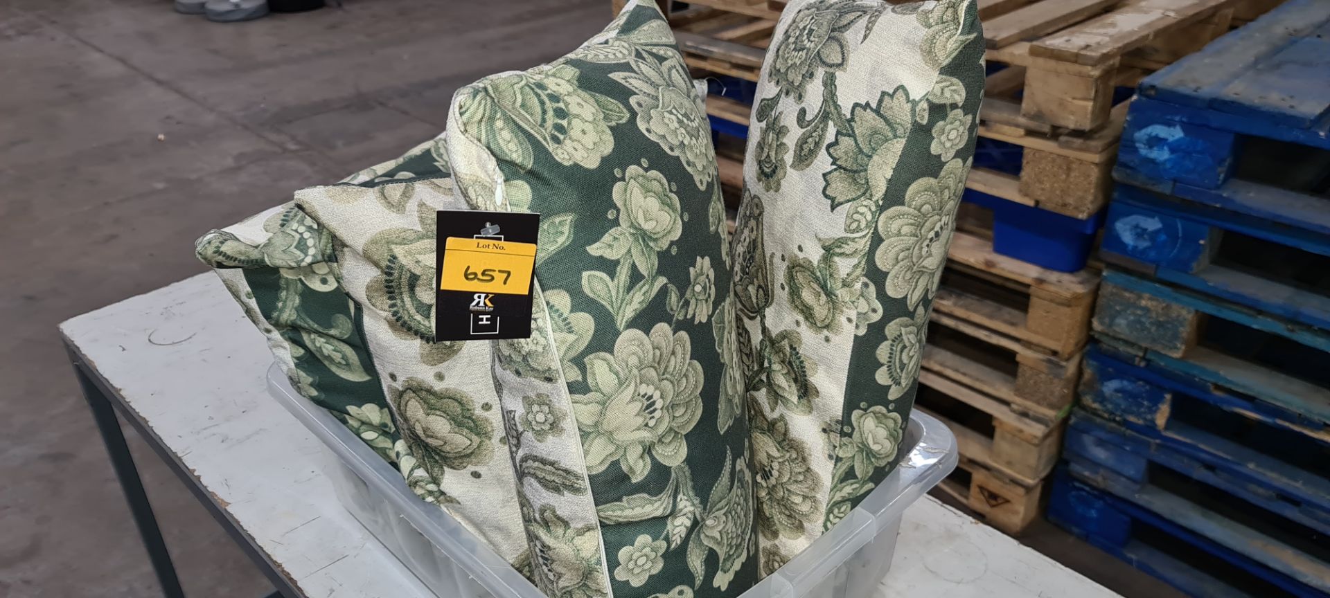 Set of 4 green patterned cushions (2 rectangular & 2 square), the rectangular cushions priced at £22 - Image 2 of 3