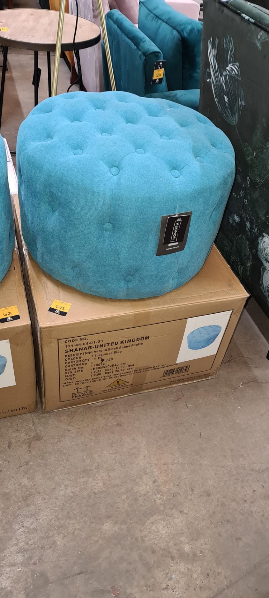 Pair of Verona turquoise blue round pouffe, priced at £64.99 each