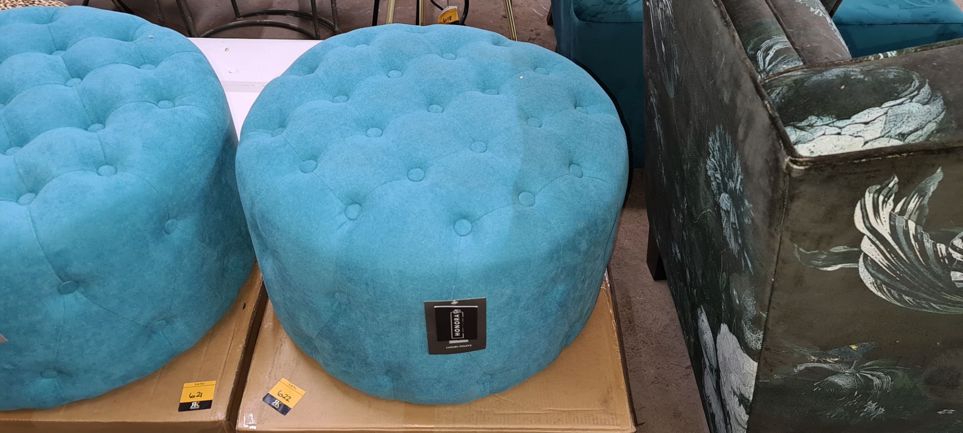 Pair of Verona turquoise blue round pouffe, priced at £64.99 each - Image 3 of 5