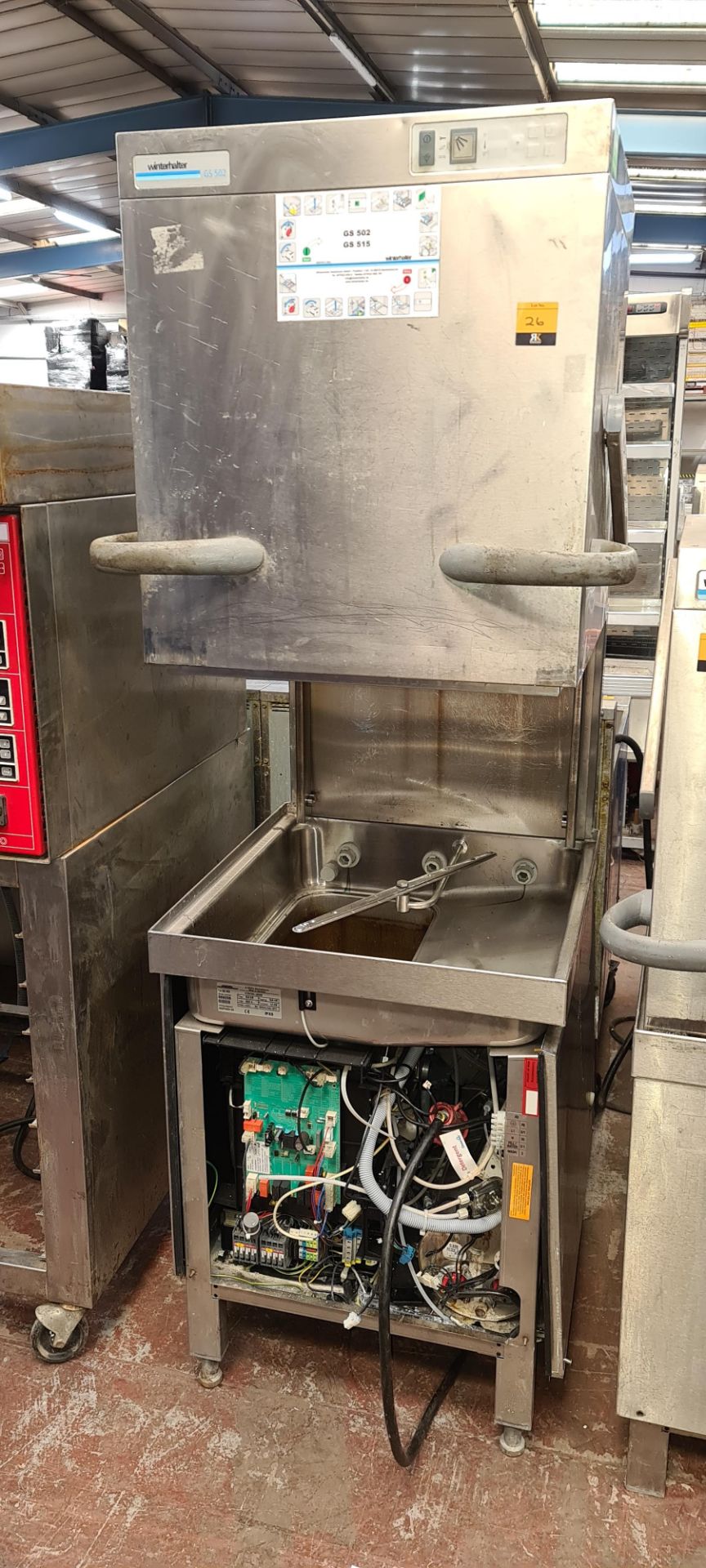 Winterhalter model GS502 stainless steel pass through commercial dishwasher NB. Front panel missing