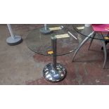 Glass round table with silver single pedestal base, tabletop approx. 700mm diameter