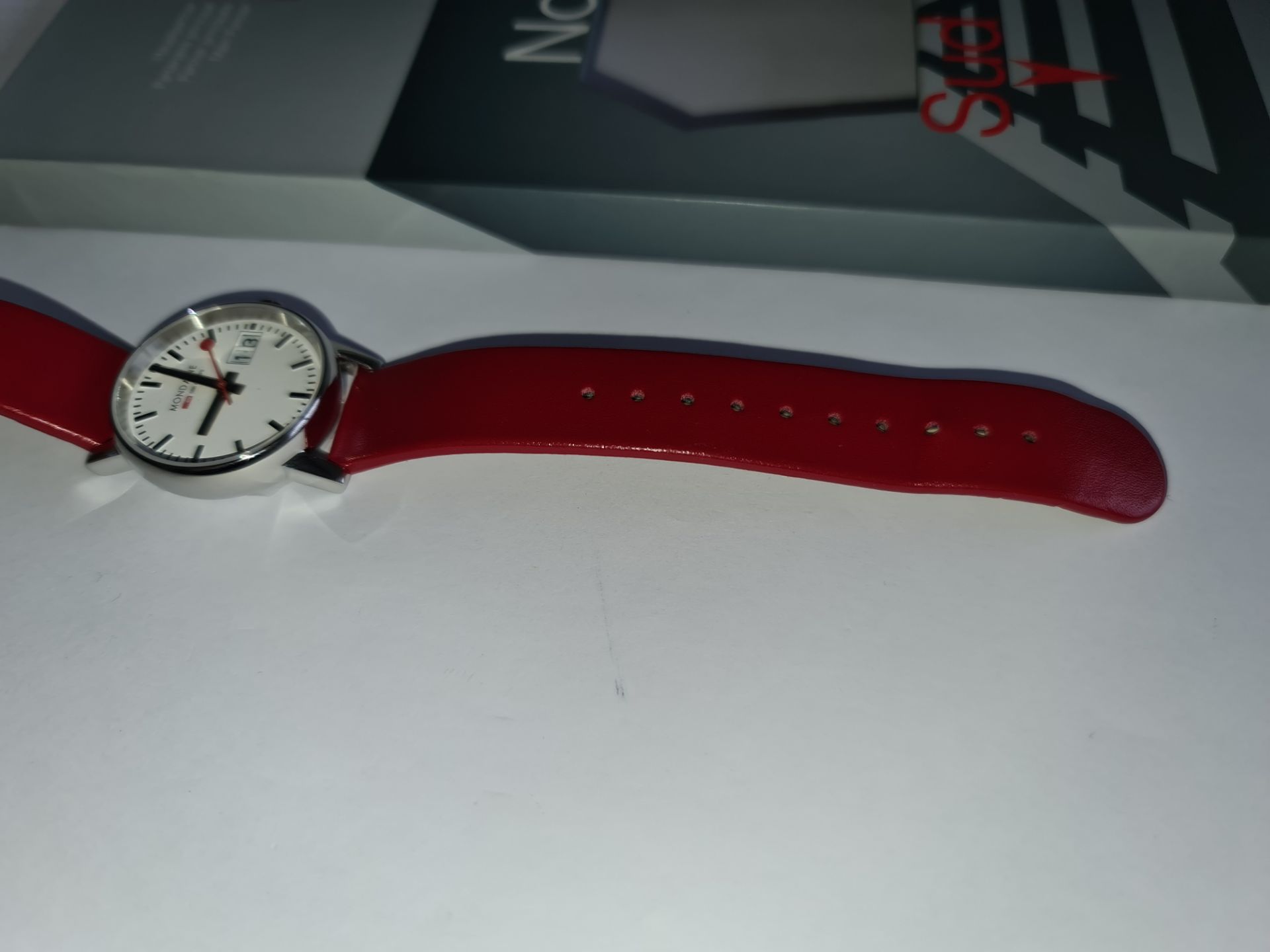 Mondaine watch on red leather strap, product code MSE.30210.LC. RRP £219. Sapphire Crystal, Stainle - Image 5 of 20