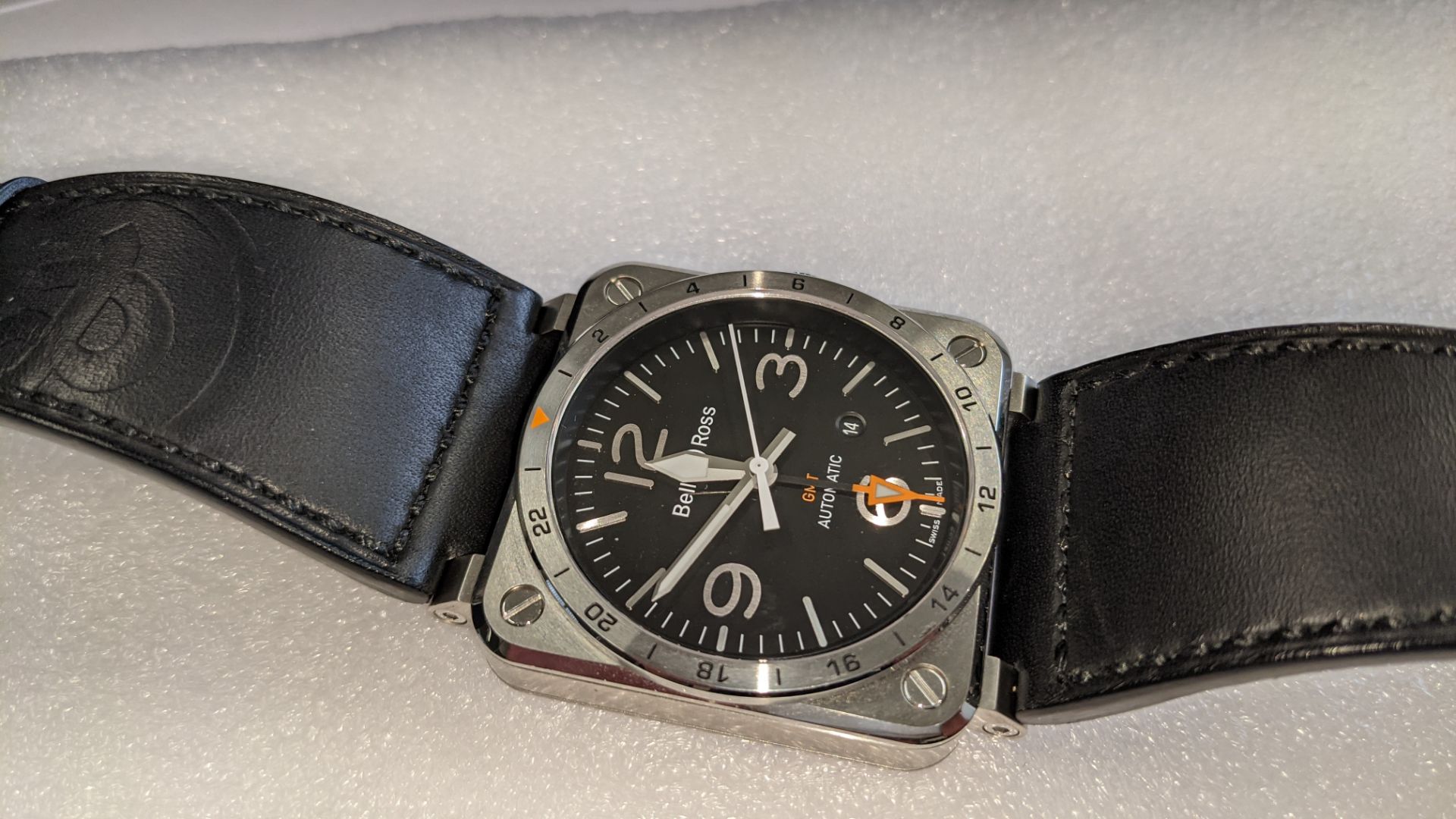Bell & Ross watch engraved "BR03-93-S-00851" on the rear. Stainless steel on leather strap, automati