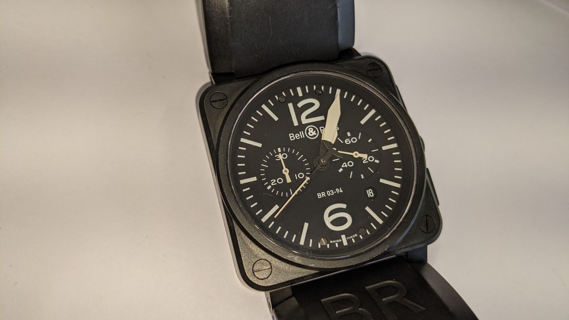 Bell & Ross watch engraved "BR03-94-S-05254" on the rear. Stainless steel, automatic movement, rubbe