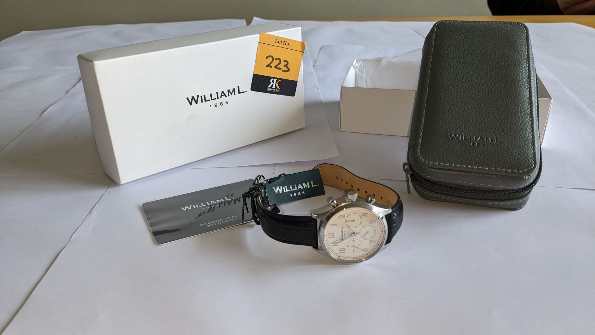 William L 1985 stainless steel watch, 5 ATM water resistant, leather strap, RRP £129. Includes box - Image 3 of 17