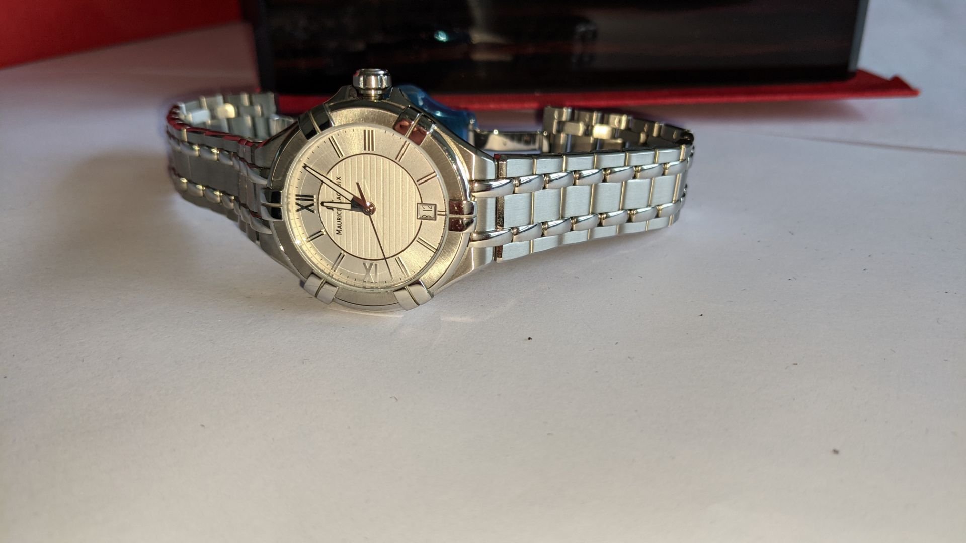 Maurice Lacroix stainless steel watch on stainless steel bracelet. Water resistant 100M. Engraved A - Image 6 of 21