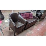 Leather/faux leather sofa & tub chair plus 3 off assorted cushions