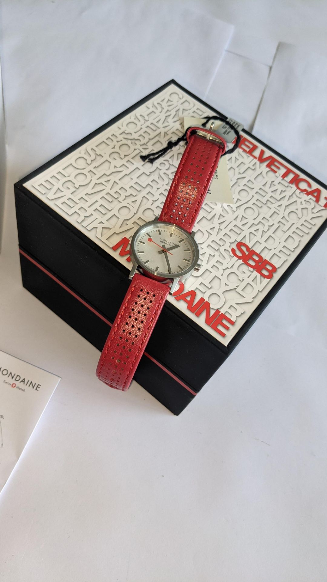 Mondaine watch on red leather strap. Product code A658.30323.16SBC. Water resistant, stainless steel - Image 15 of 15